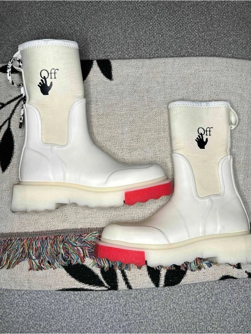 White Cream Platform Rain Boots with Pink Sole